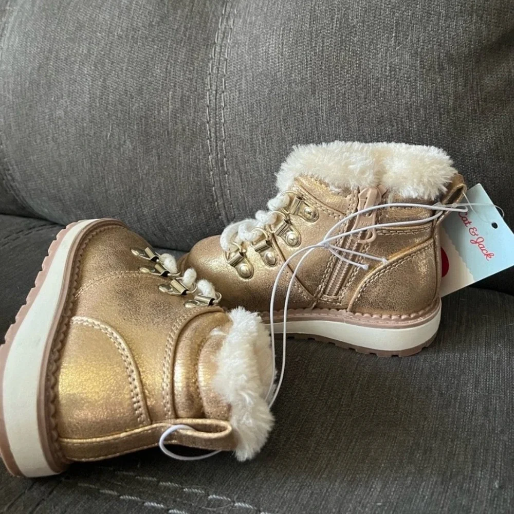 Cat &‎ Jack Girls Sparkly Zip Up Boots Size 5 Gold Faux Fur Winter NWT Toddler